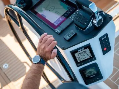 Cockpit of Kebifaiv, a Bavaria C46 sailboat at Palairos, Greece
