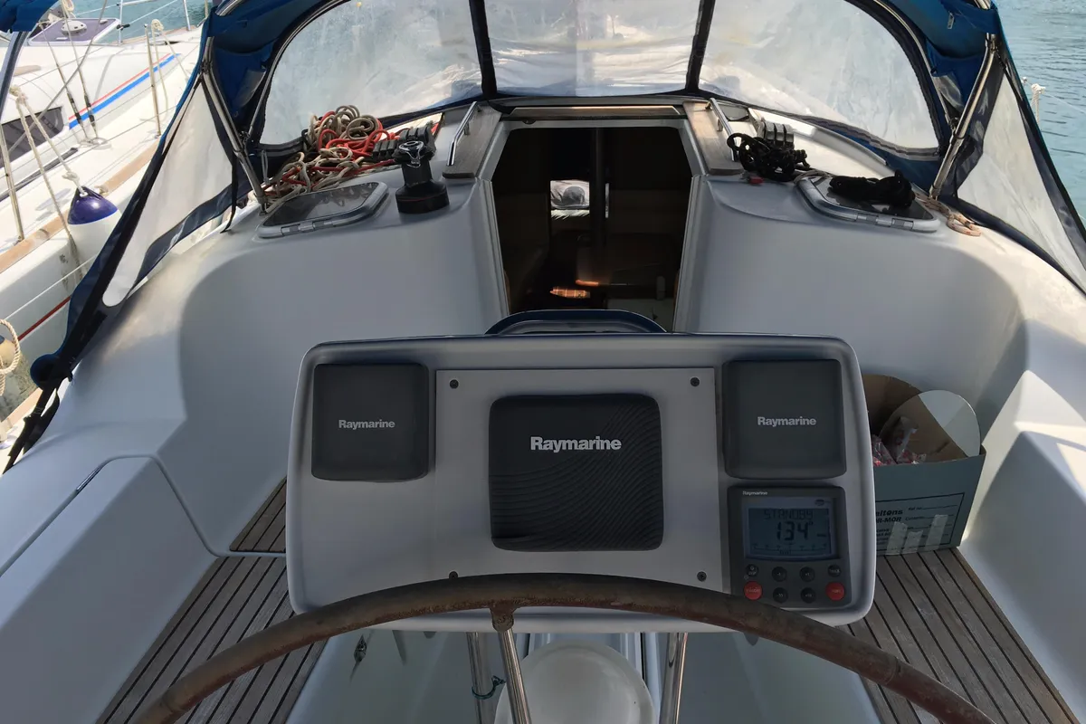 Cockpit of Billis, a Jeanneau Sun Odyssey 36i sailboat at Municipal Unit of Lefkada, Greece