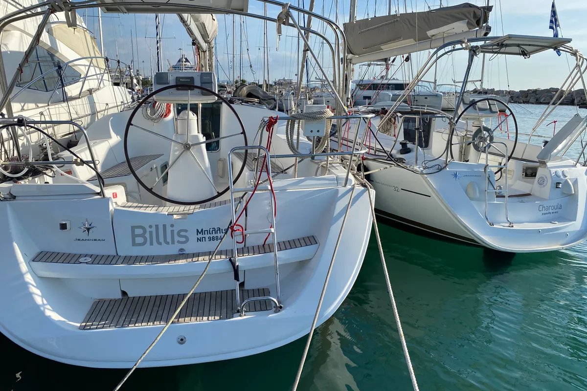Exterior view of Billis, a Jeanneau Sun Odyssey 36i sailboat at Municipal Unit of Lefkada, Greece
