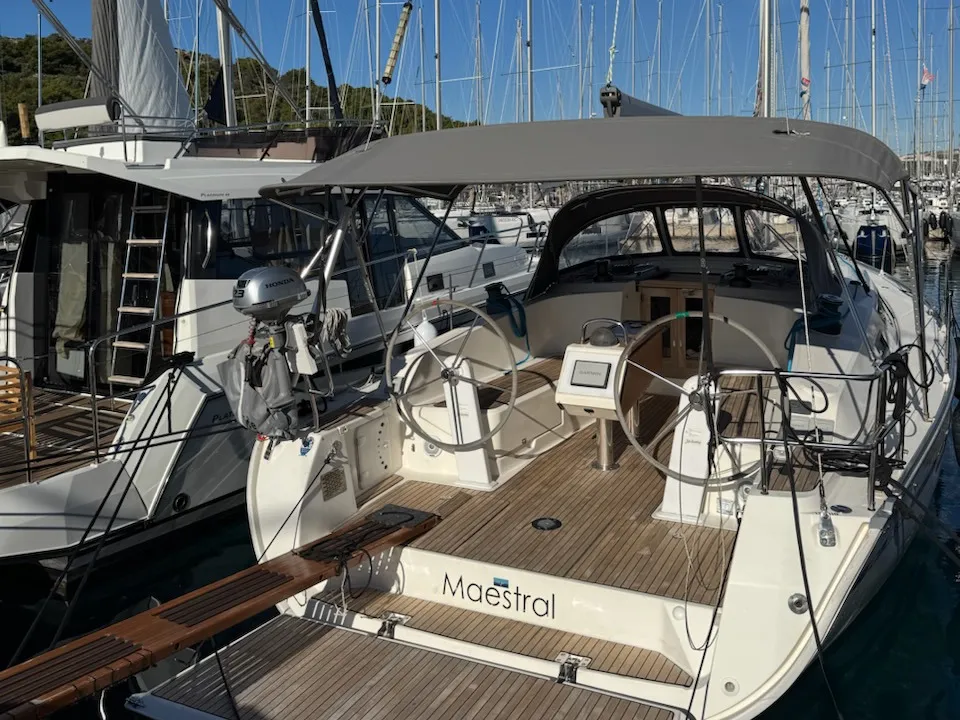 Cockpit of Maestral, a Bavaria Cruiser 41 sailboat at Općina Rogoznica, Croatia