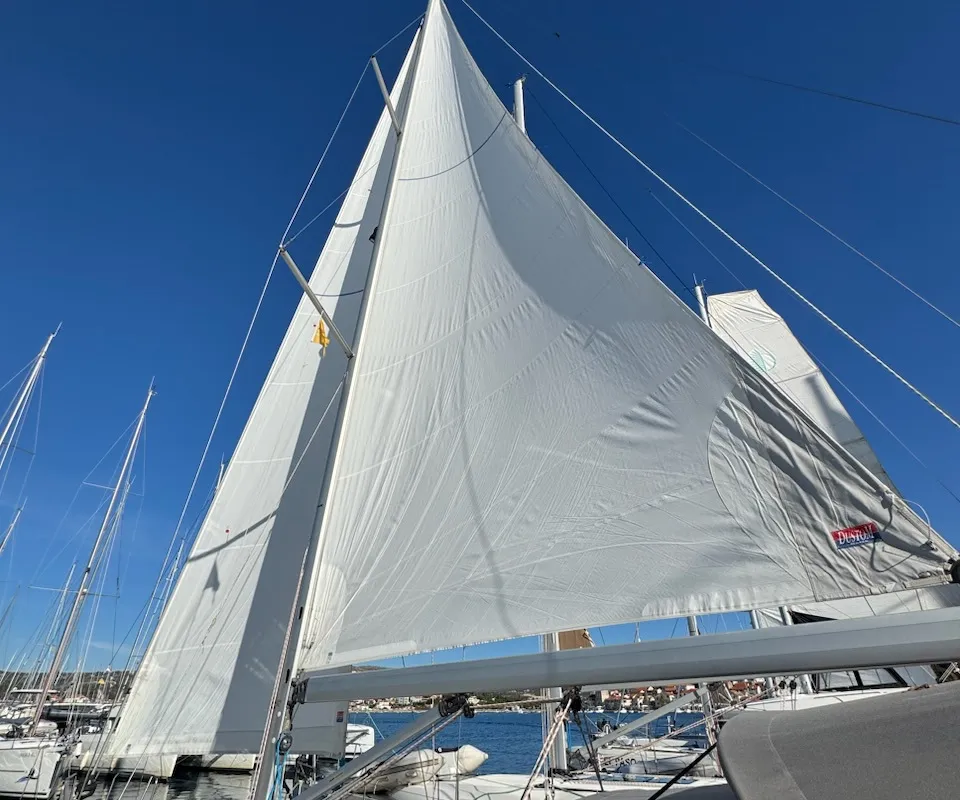 Exterior view of Maestral, a Bavaria Cruiser 41 sailboat at Općina Rogoznica, Croatia
