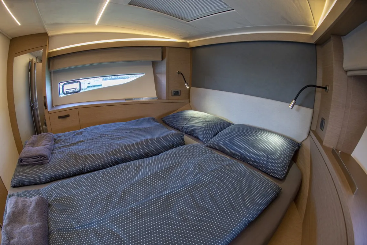 Cabin on NN, a Jeanneau Prestige 420 Fly motor yacht at Grad Pula, Croatia