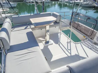 Deck of NN, a Jeanneau Prestige 420 Fly motor yacht at Grad Pula, Croatia