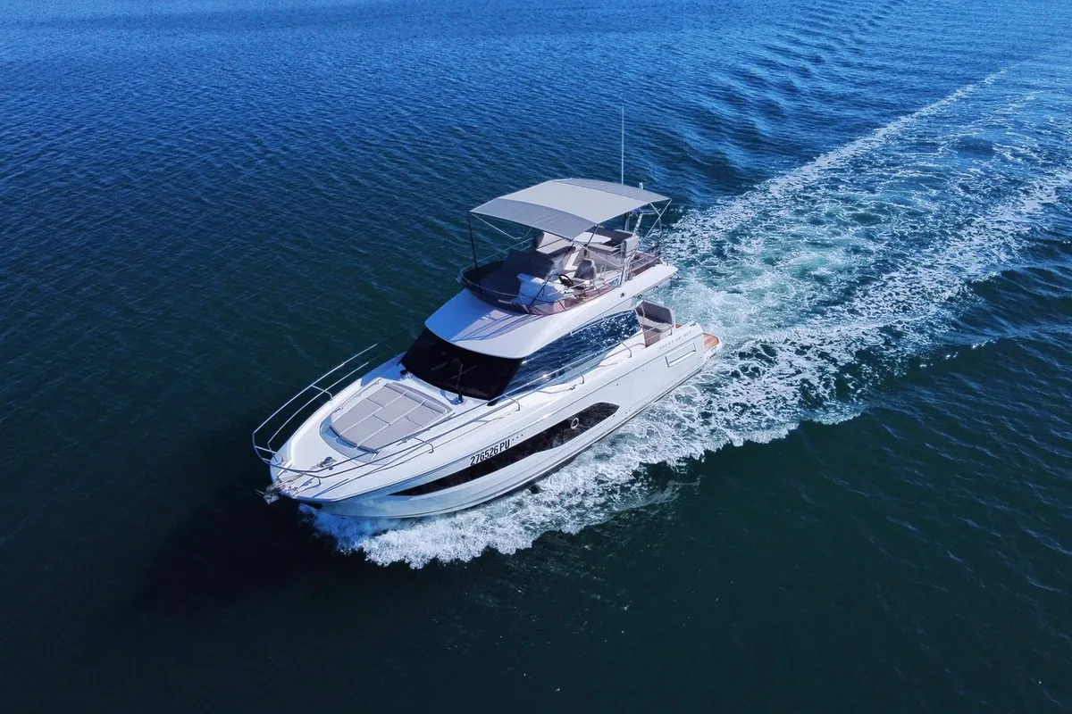 Exterior view of NN, a Jeanneau Prestige 420 Fly motor yacht at Grad Pula, Croatia