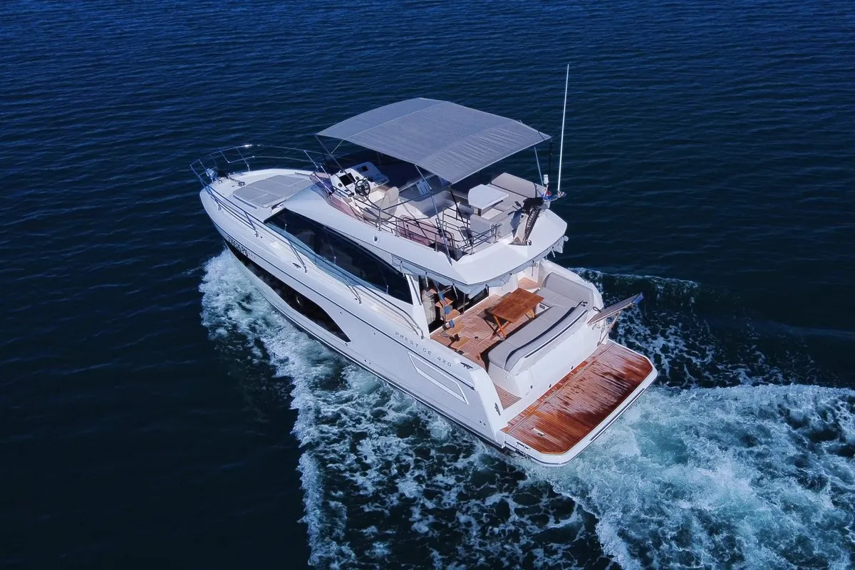 Exterior view of NN, a Jeanneau Prestige 420 Fly motor yacht at Grad Pula, Croatia