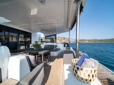 Deck of Nomad 2, a Lagoon 50 catamaran at Municipal Unit of Lefkada, Greece