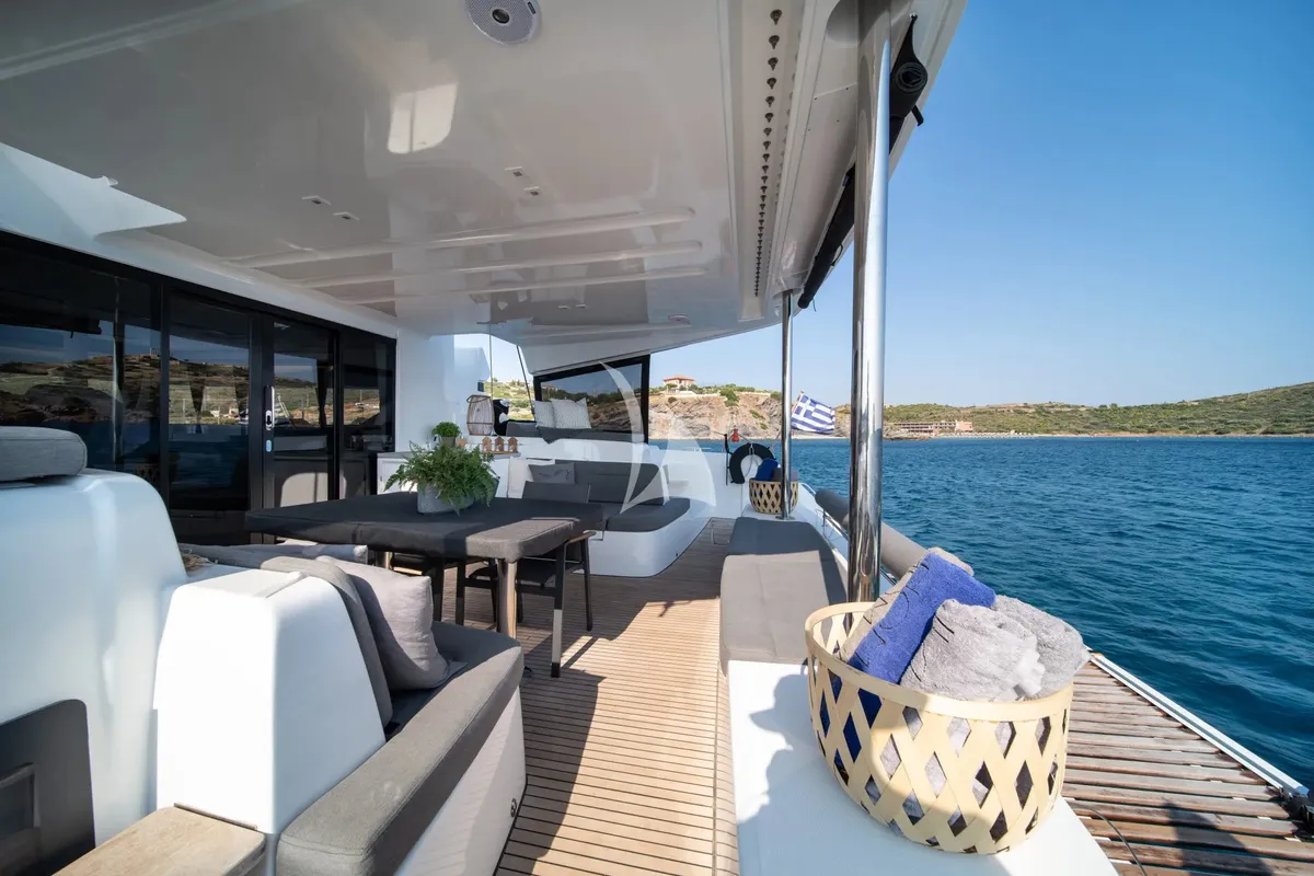 Deck of Nomad 2, a Lagoon 50 catamaran at Municipal Unit of Lefkada, Greece