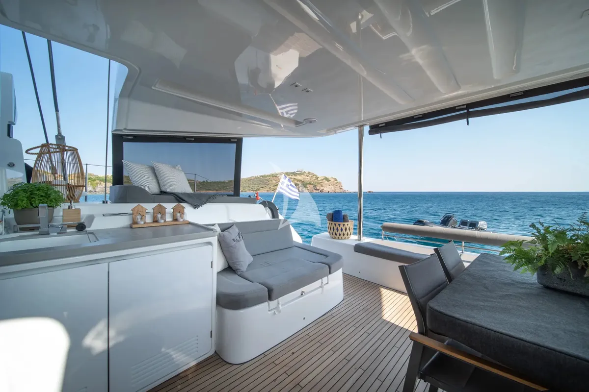 Deck of Nomad 2, a Lagoon 50 catamaran at Municipal Unit of Lefkada, Greece