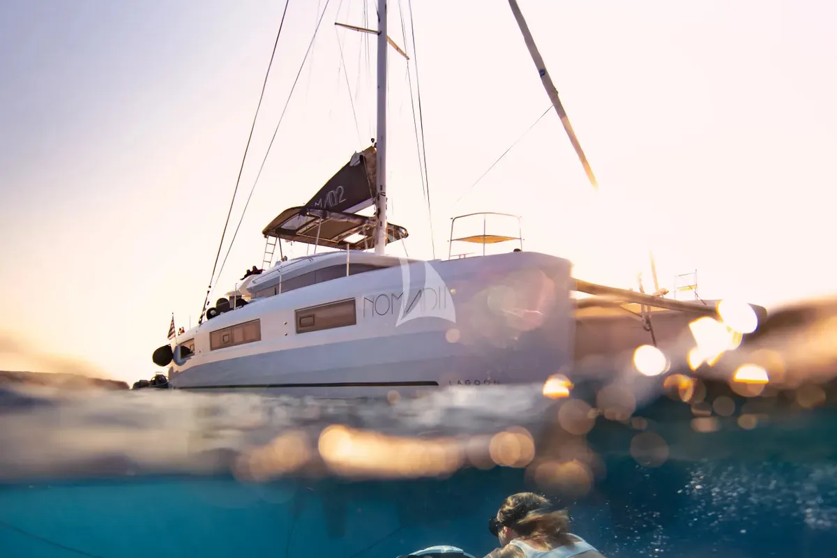 Exterior view of Nomad 2, a Lagoon 50 catamaran at Municipal Unit of Lefkada, Greece