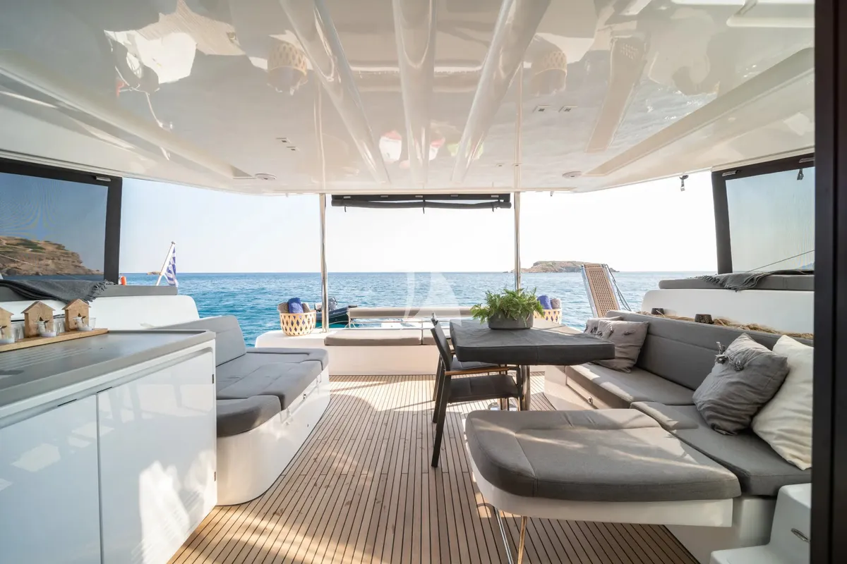 Deck of Nomad 2, a Lagoon 50 catamaran at Municipal Unit of Lefkada, Greece