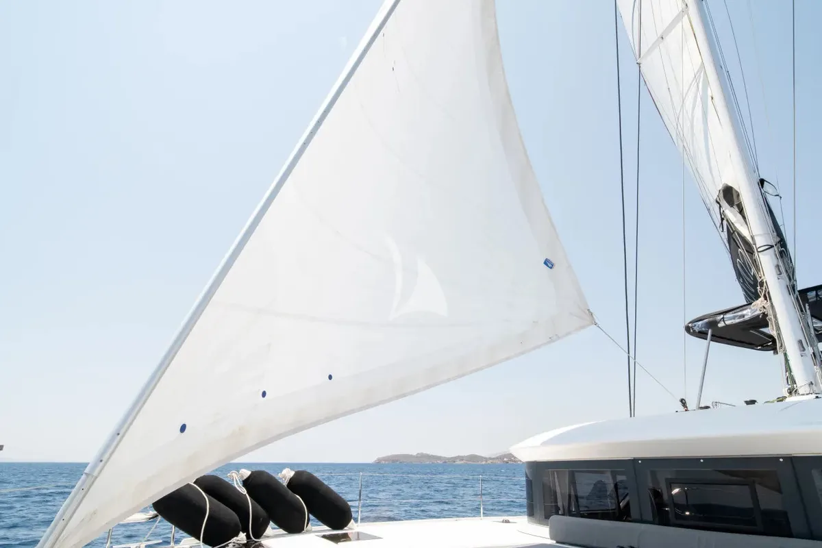 Deck of Nomad 2, a Lagoon 50 catamaran at Municipal Unit of Lefkada, Greece
