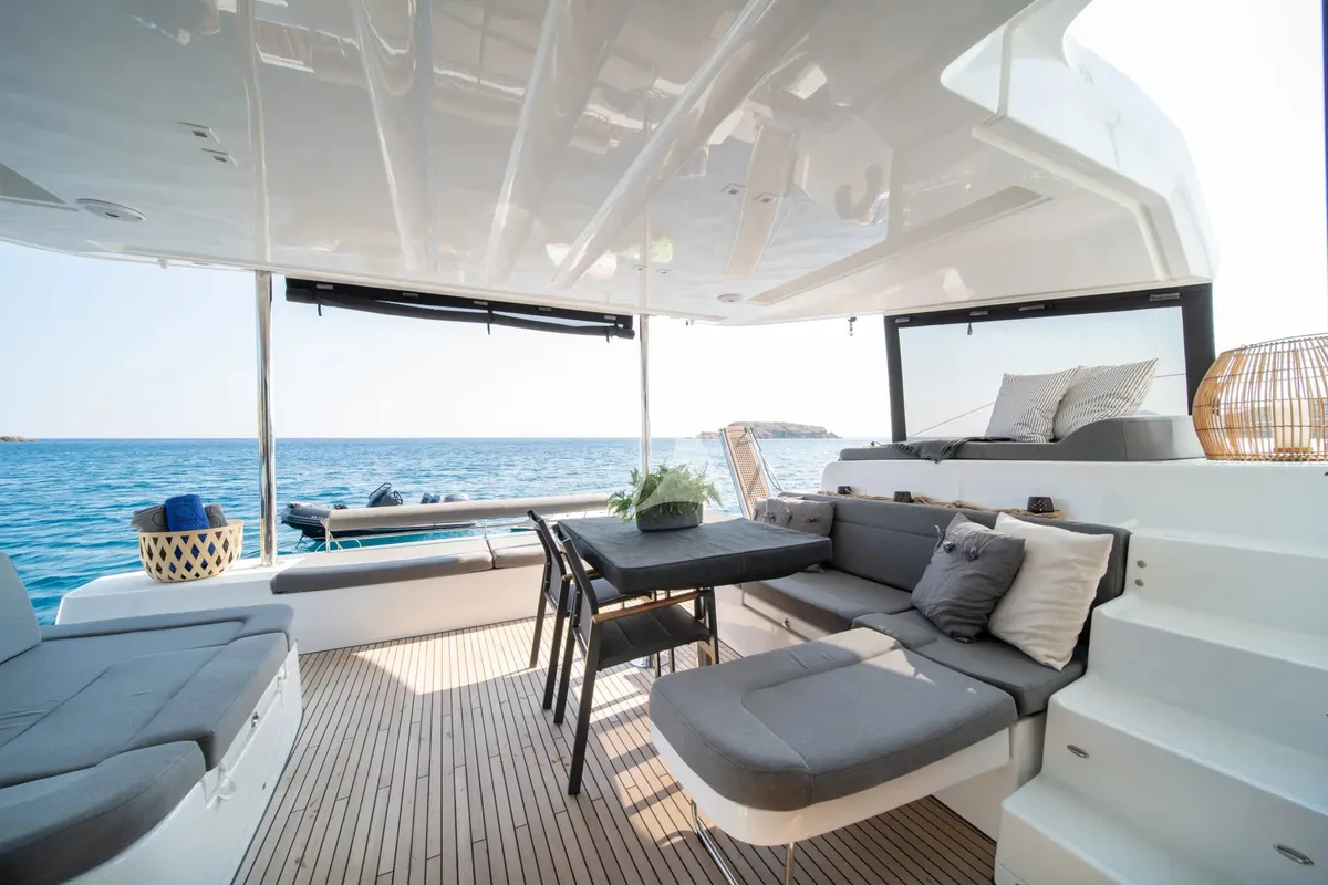 Deck of Nomad 2, a Lagoon 50 catamaran at Municipal Unit of Lefkada, Greece