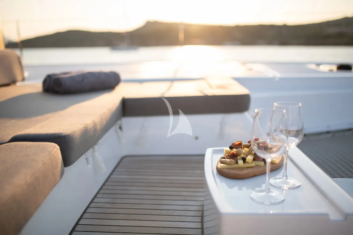 Deck of Nomad 2, a Lagoon 50 catamaran at Municipal Unit of Lefkada, Greece