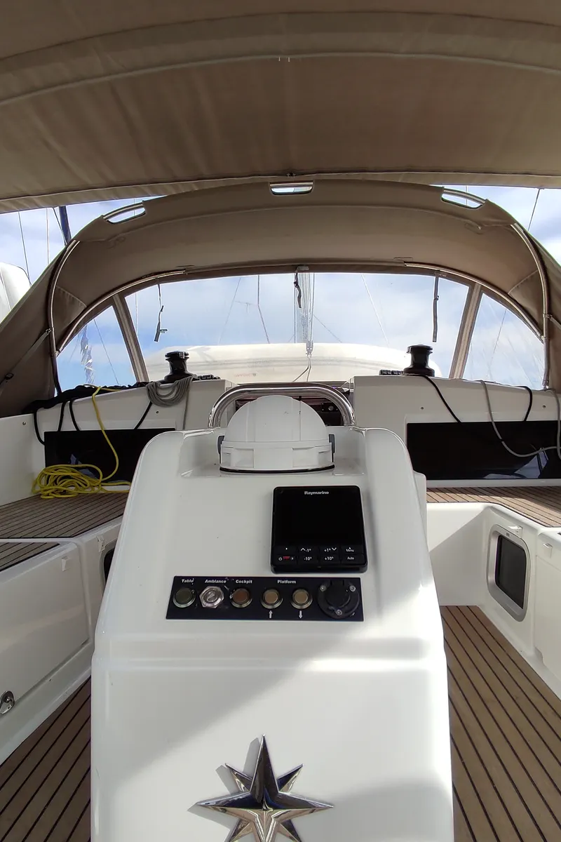 Cockpit of White Pearl, a Jeanneau Sun Odyssey 490 sailboat at Kontokali, Greece