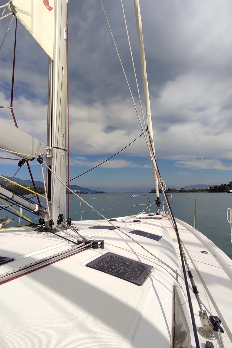 Exterior view of White Pearl, a Jeanneau Sun Odyssey 490 sailboat at Kontokali, Greece