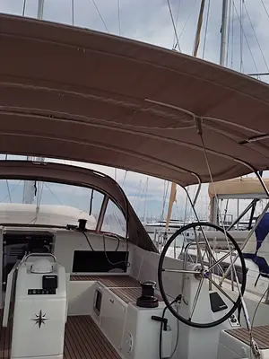 Cockpit of White Pearl, a Jeanneau Sun Odyssey 490 sailboat at Kontokali, Greece