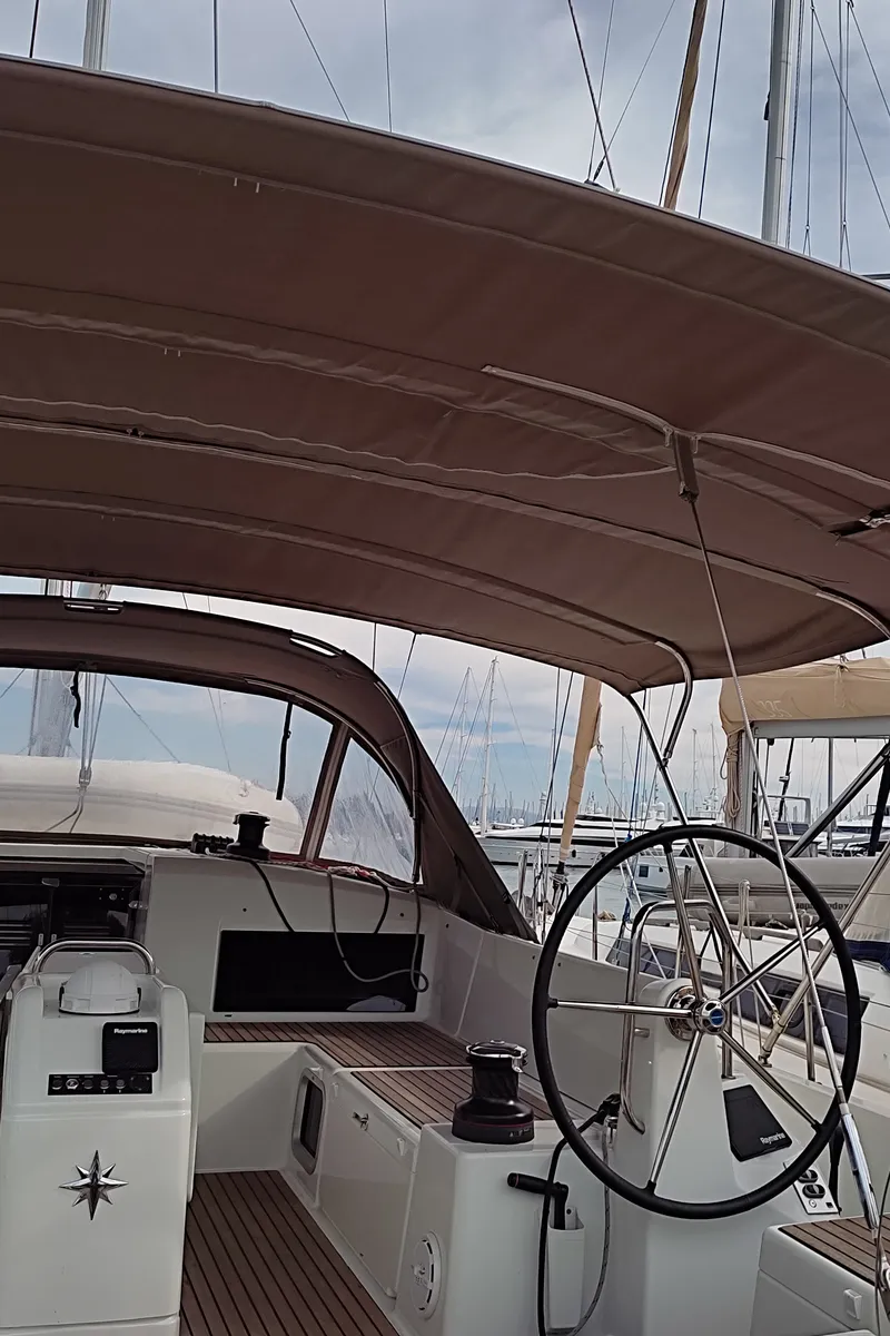 Cockpit of White Pearl, a Jeanneau Sun Odyssey 490 sailboat at Kontokali, Greece