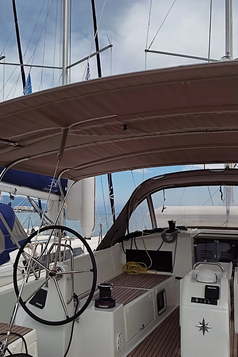 Cockpit of White Pearl, a Jeanneau Sun Odyssey 490 sailboat at Kontokali, Greece