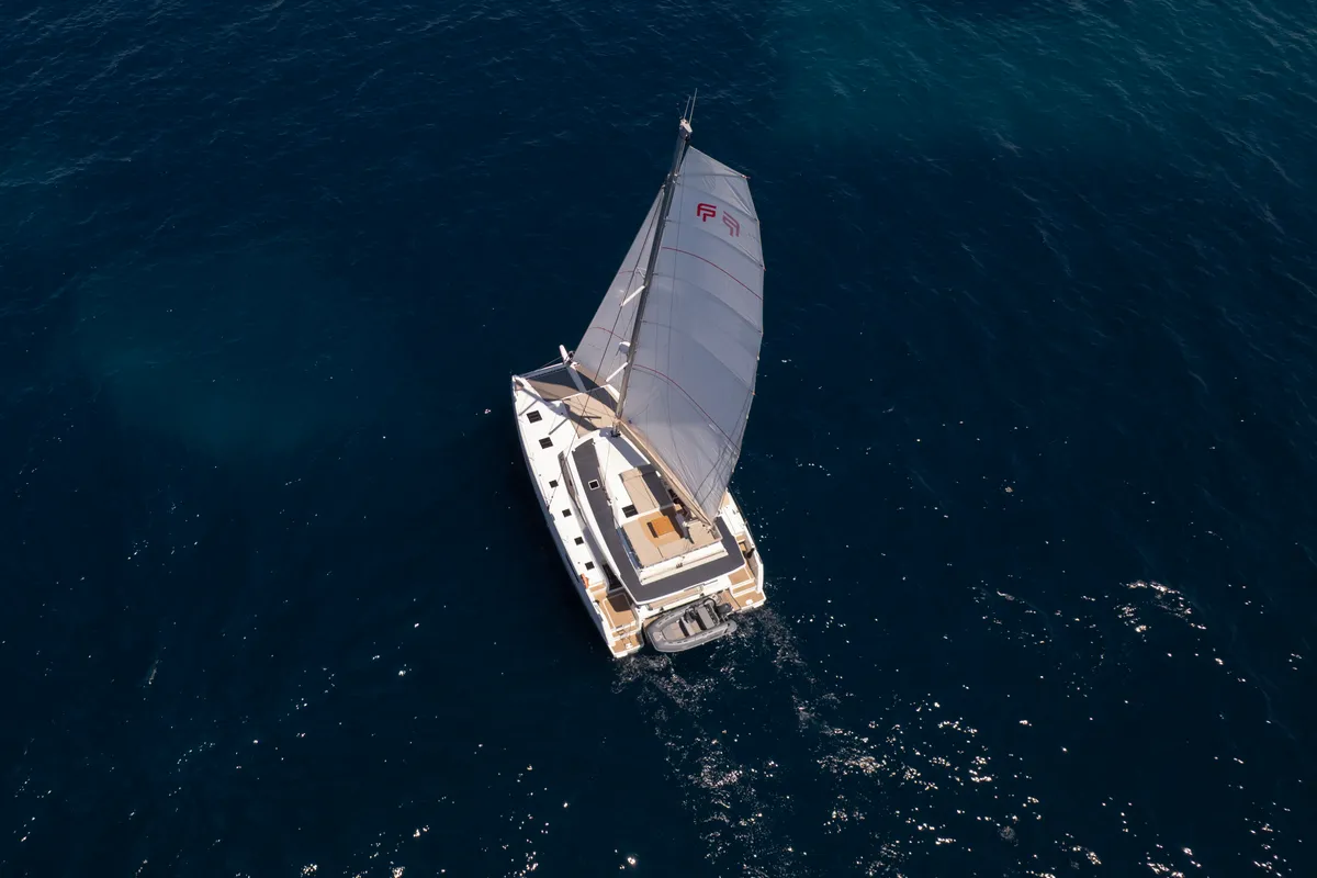 Exterior view of Nerida, a Fountaine Pajot Tanna 47 catamaran at Athens, Greece