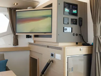 Salon of Nerida, a Fountaine Pajot Tanna 47 catamaran at Athens, Greece