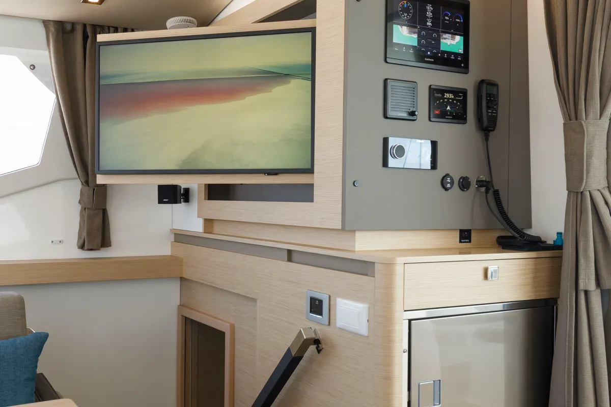 Salon of Nerida, a Fountaine Pajot Tanna 47 catamaran at Athens, Greece