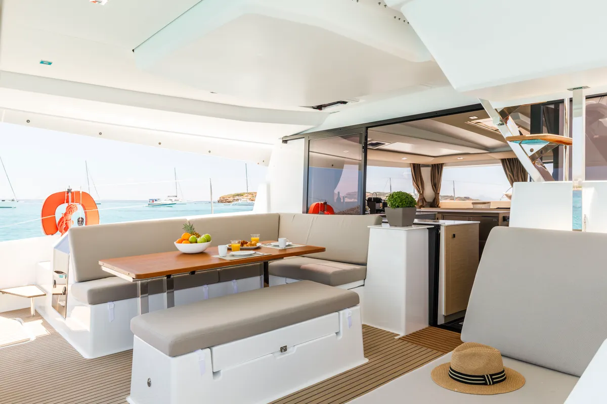 Deck of Nerida, a Fountaine Pajot Tanna 47 catamaran at Athens, Greece
