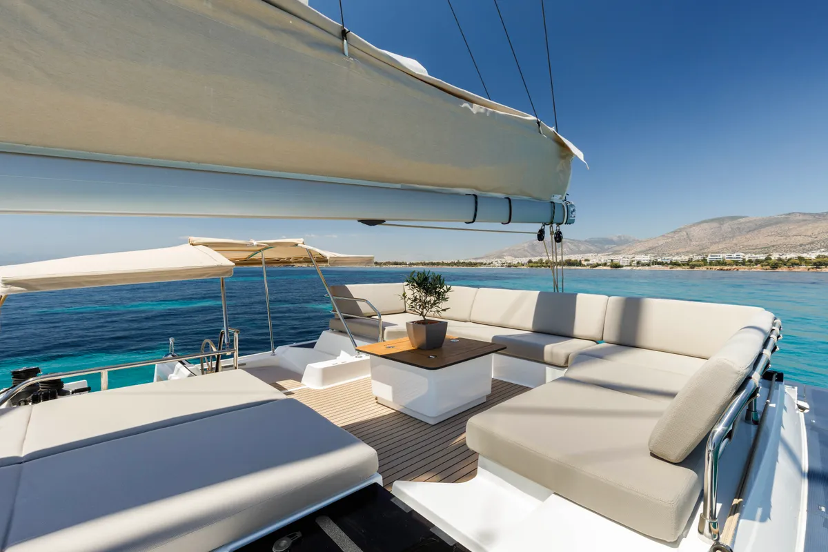 Deck of Nerida, a Fountaine Pajot Tanna 47 catamaran at Athens, Greece