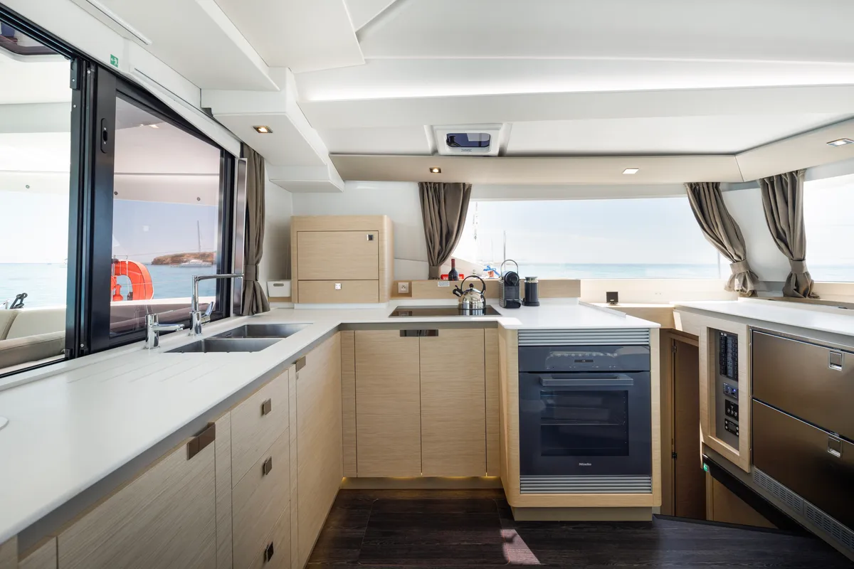 Galley of Nerida, a Fountaine Pajot Tanna 47 catamaran at Athens, Greece