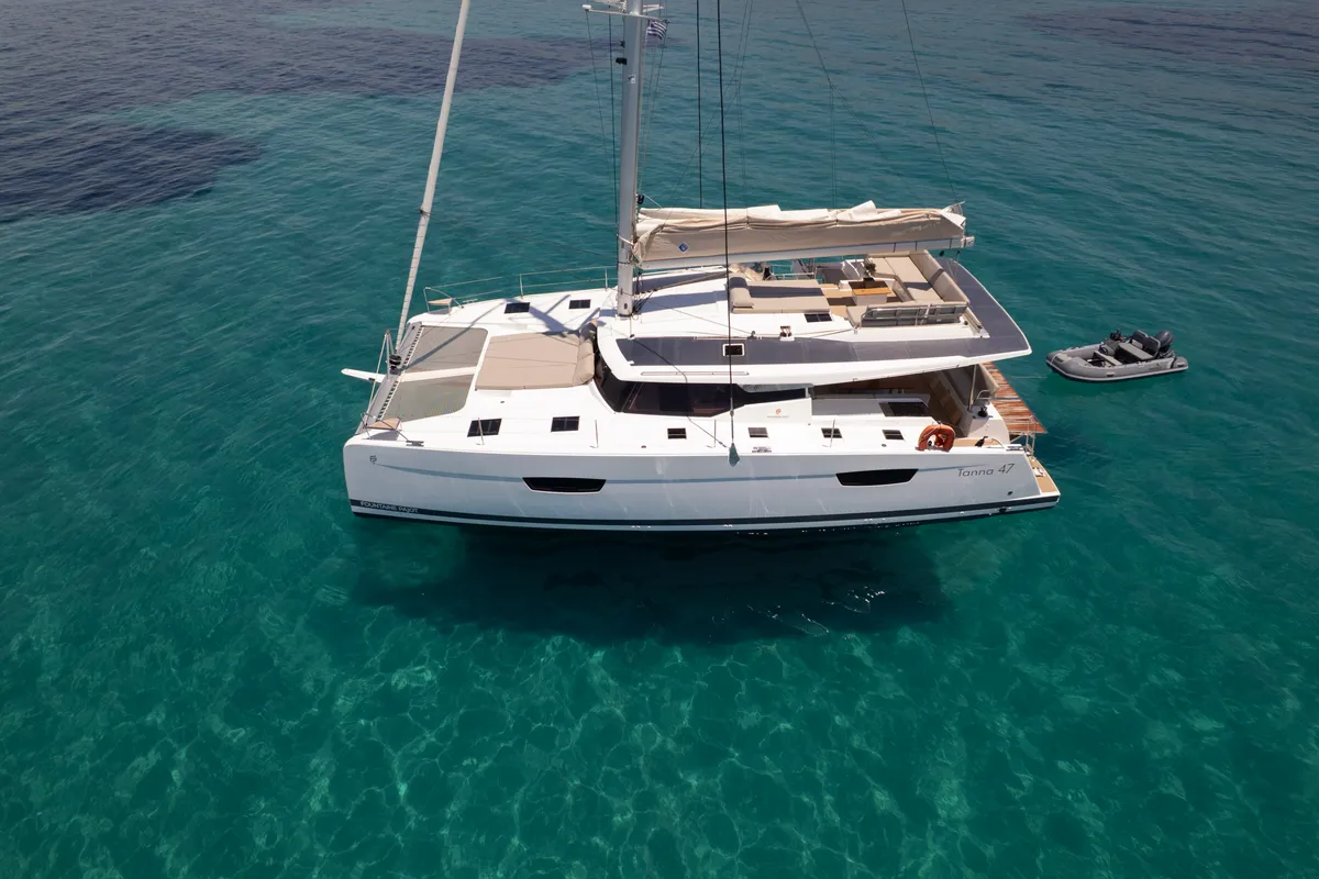 Exterior view of Nerida, a Fountaine Pajot Tanna 47 catamaran at Athens, Greece