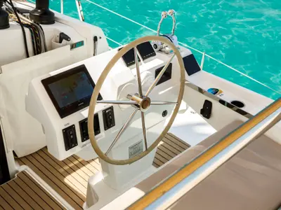 Cockpit of Nerida, a Fountaine Pajot Tanna 47 catamaran at Athens, Greece