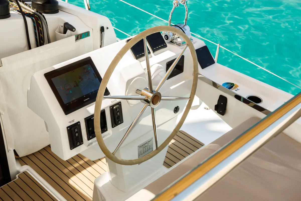 Cockpit of Nerida, a Fountaine Pajot Tanna 47 catamaran at Athens, Greece