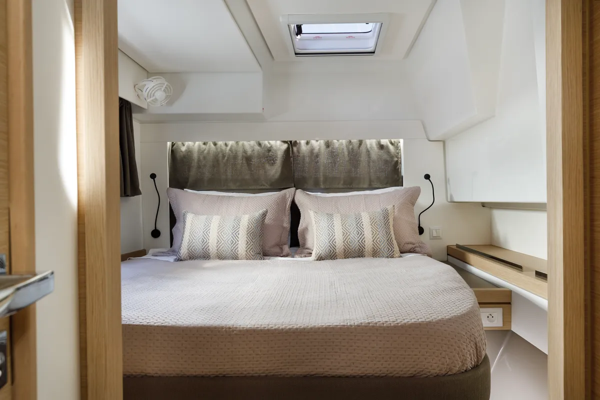 Cabin on Nerida, a Fountaine Pajot Tanna 47 catamaran at Athens, Greece