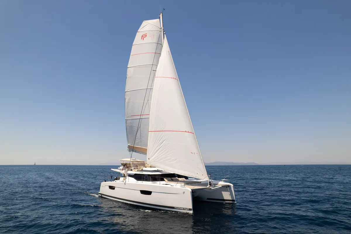 Exterior view of Nerida, a Fountaine Pajot Tanna 47 catamaran at Athens, Greece
