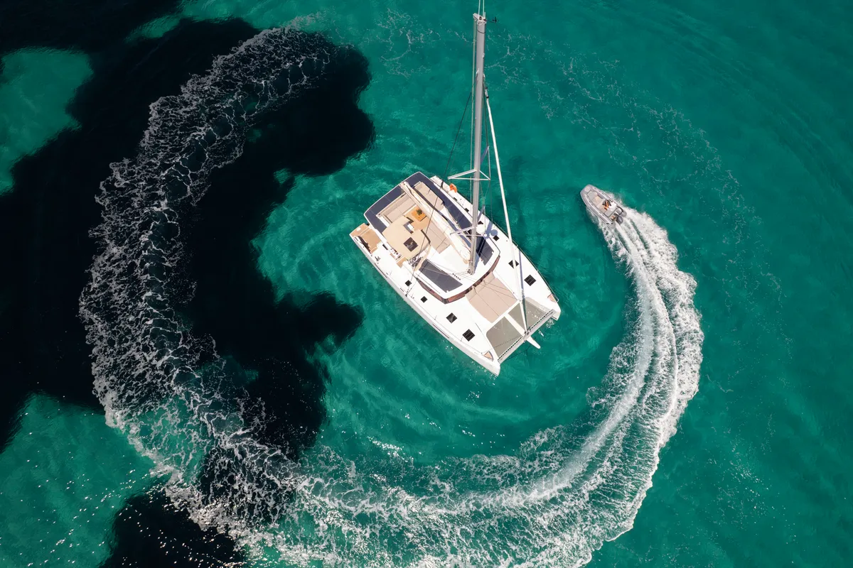 Exterior view of Nerida, a Fountaine Pajot Tanna 47 catamaran at Athens, Greece