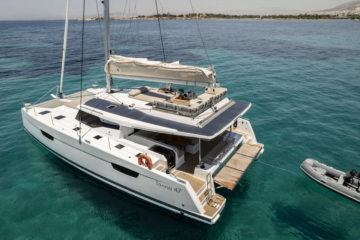 Exterior view of Nerida, a Fountaine Pajot Tanna 47 catamaran at Athens, Greece