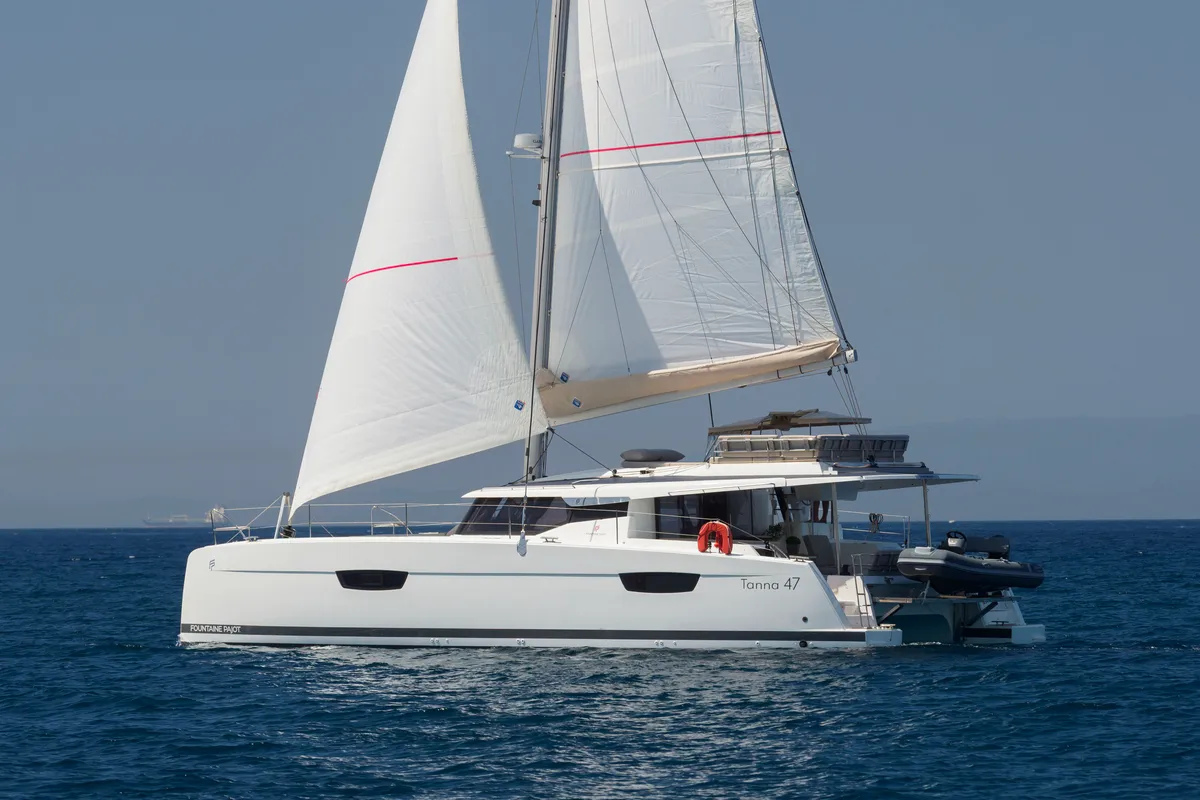 Exterior view of Nerida, a Fountaine Pajot Tanna 47 catamaran at Athens, Greece