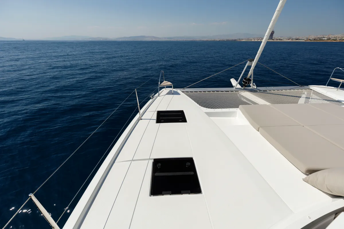 Deck of Nerida, a Fountaine Pajot Tanna 47 catamaran at Athens, Greece