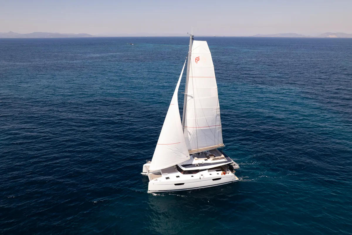 Exterior view of Nerida, a Fountaine Pajot Tanna 47 catamaran at Athens, Greece