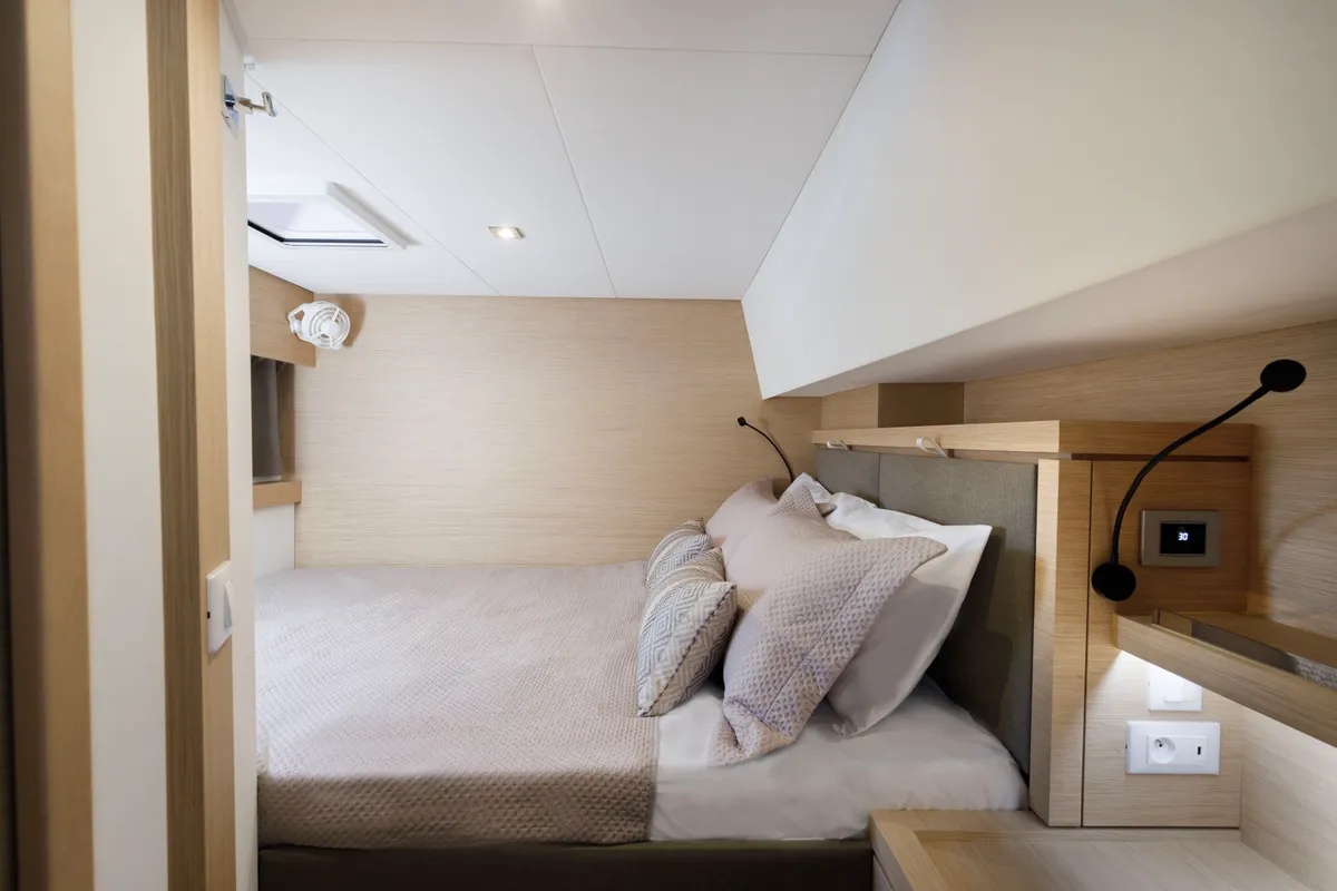 Cabin on Nerida, a Fountaine Pajot Tanna 47 catamaran at Athens, Greece