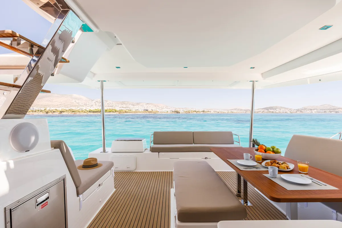 Deck of Nerida, a Fountaine Pajot Tanna 47 catamaran at Athens, Greece