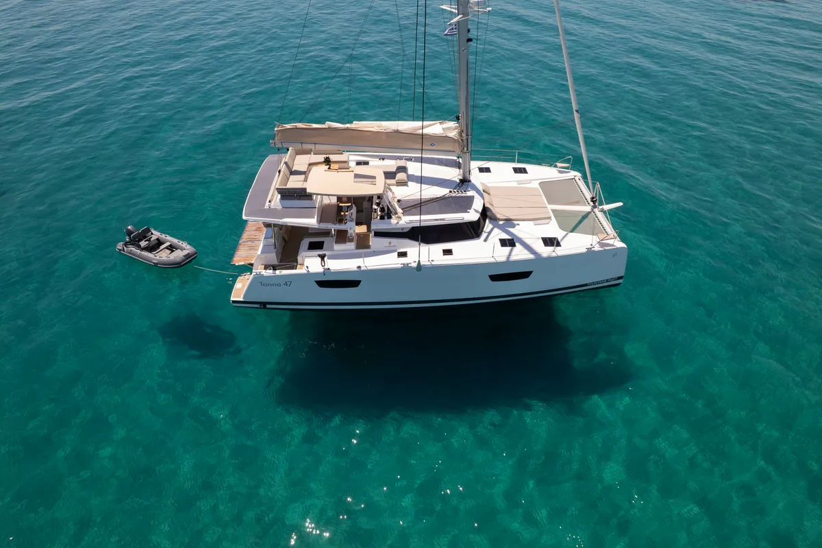 Exterior view of Nerida, a Fountaine Pajot Tanna 47 catamaran at Athens, Greece