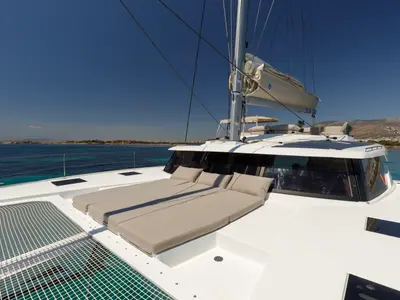 Deck of Nerida, a Fountaine Pajot Tanna 47 catamaran at Athens, Greece