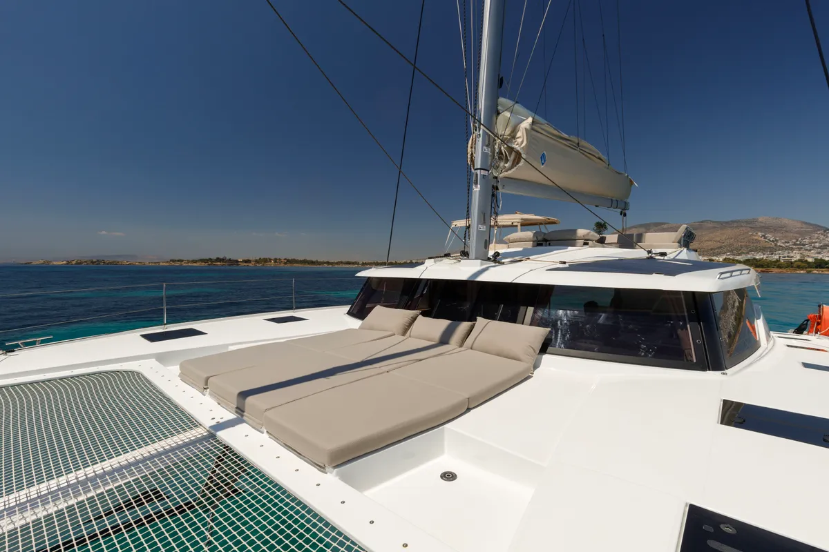 Deck of Nerida, a Fountaine Pajot Tanna 47 catamaran at Athens, Greece