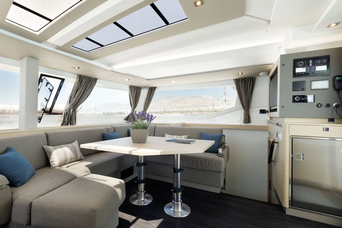 Salon of Nerida, a Fountaine Pajot Tanna 47 catamaran at Athens, Greece