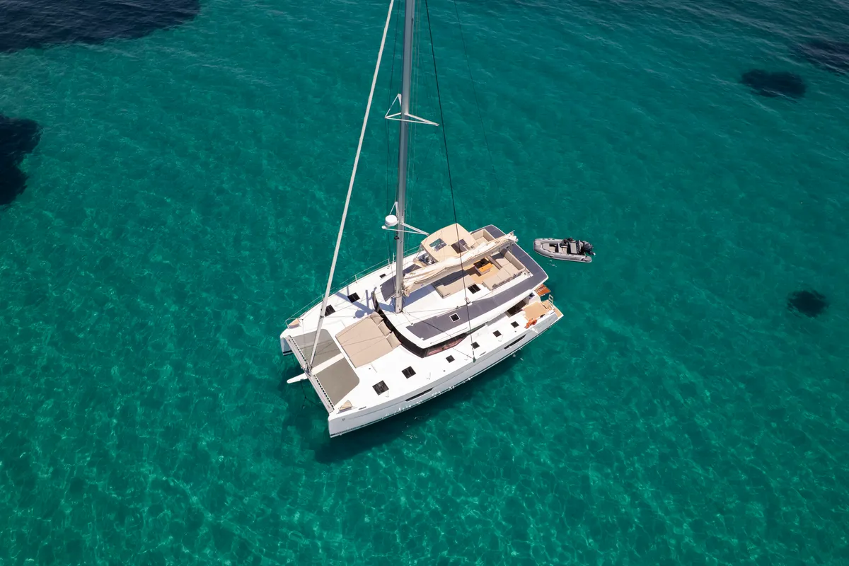 Exterior view of Nerida, a Fountaine Pajot Tanna 47 catamaran at Athens, Greece