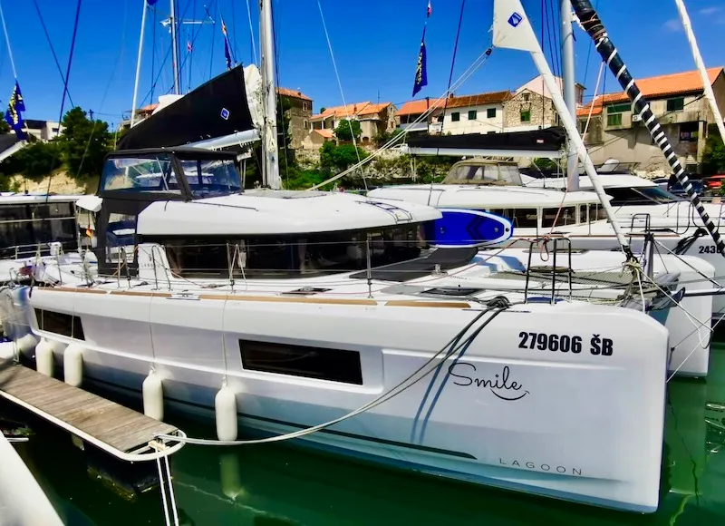 Exterior view of SMILE, a Lagoon 40 catamaran at Grad Šibenik, Croatia