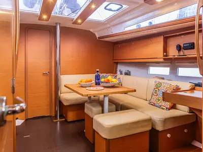 Salon of Sympathy Planet, a Dufour 390 Grand Large sailboat at Palermo, Italy