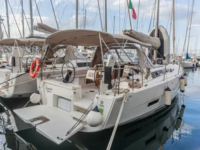 Deck of Sympathy Planet, a Dufour 390 Grand Large sailboat at Palermo, Italy