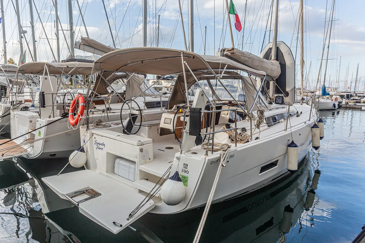 Deck of Sympathy Planet, a Dufour 390 Grand Large sailboat at Palermo, Italy