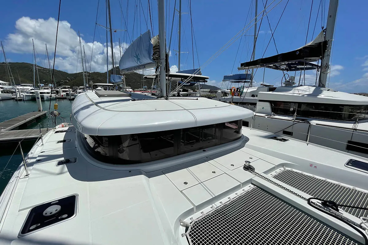 Deck of The Great Catsby, a Lagoon 42 catamaran at Road Town, British Virgin Islands